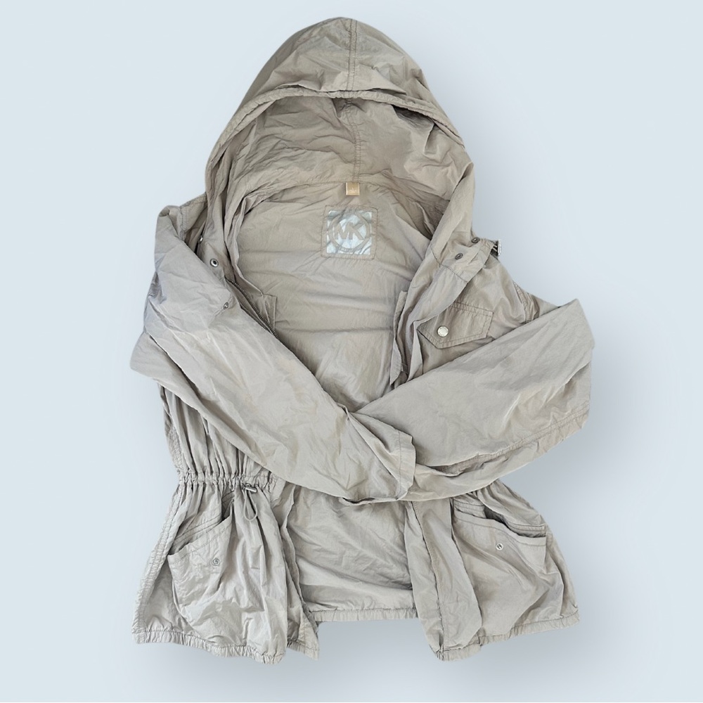Michael Kors Beige Hooded Raincoat with Drawstrings (Size Large)